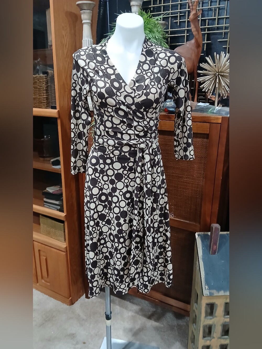 Geometric Wrap Dress Petite Size Medium Brown Cream Retro 70s Y2K Midi